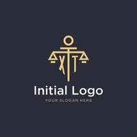 XT initial monogram logo with scale and pillar style design vector