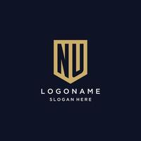 NU monogram initials logo design with shield icon vector