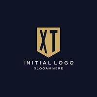 XT monogram initials logo design with shield icon vector