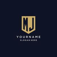 MJ monogram initials logo design with shield icon vector