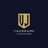 VJ monogram initials logo design with shield icon vector
