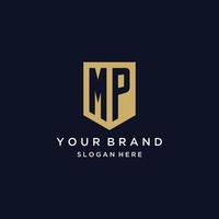 MP monogram initials logo design with shield icon vector