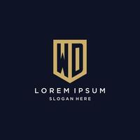 WD monogram initials logo design with shield icon vector