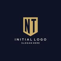 NT monogram initials logo design with shield icon vector
