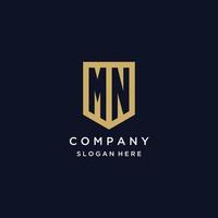 MN monogram initials logo design with shield icon vector