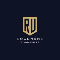 RU monogram initials logo design with shield icon vector
