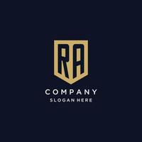 RA monogram initials logo design with shield icon vector