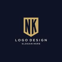 NK monogram initials logo design with shield icon vector