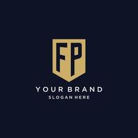 FP monogram initials logo design with shield icon vector