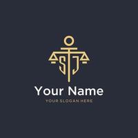 SJ initial monogram logo with scale and pillar style design vector