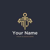 MJ initial monogram logo with scale and pillar style design vector