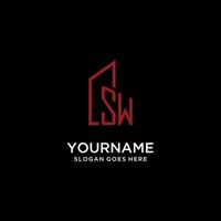SW initial monogram with building logo design vector