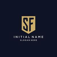SF monogram initials logo design with shield icon vector