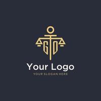 GO initial monogram logo with scale and pillar style design vector