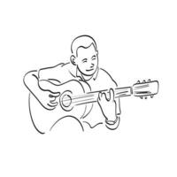 primer plano hombre con guitarra acústica sentarse en silla ilustración vector dibujado a mano aislado sobre fondo blanco arte de línea.