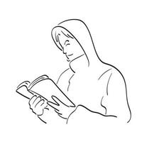 arte de línea de media longitud de hombre en capucha leyendo libro ilustración vector dibujado a mano aislado sobre fondo blanco