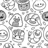 patrón impecable con lindos dibujos de la cocina asiática. comida japonesa. divertidos personajes sonrientes, kawaii. vector
