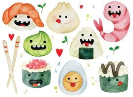 Watercolor drawing. set of cute asian food characters. funny anigiri, sushi, rolls. Japanese food vector