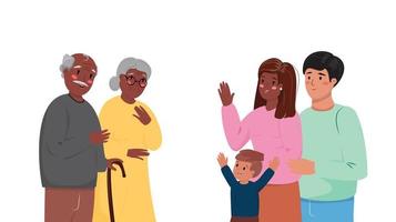 ilustración de abuelos multinacionales, hijos y nietos. amor, familia, diversidad, vinculación, ilustración del concepto de generación con personas multinacionales de diferentes generaciones. vector