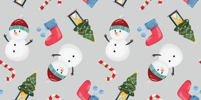 Seamless pattern with snowman, tree, lantern, candy cane, Santa sock in cartoon style. For textile, wrapping paper, packaging. vector