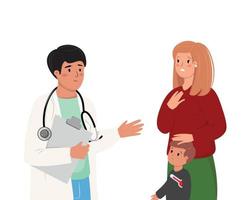 ilustración de una madre con un niño por un médico que dice sobre los síntomas y la fiebre. atención médica. medicina, ilustración del concepto de atención médica con un médico y una madre con un niño. vector