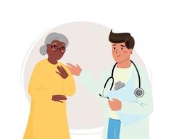 Illustration of a black elderly woman talking about her problems and symptoms to the young supporting doctor. Medical, medicine, healthcare, elderly care concept illustration. vector