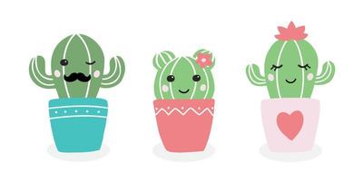 Cute vector illustration of cactus family. Doodle isolated cartoon cacti on the white background