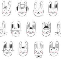 Vector seamless pattern with cute outline rabbits in glasses, hat, with bow, flower. Black bunny as symbol of chinese new year. Rabbit character collection