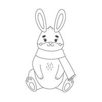 Vector outline bunny in scarf. Line winter illustration of a symbol of chinese new year 2023. Rabbit silhouette in clothes for Merry Christmas greeting card for children