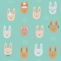 Vector seamless pattern with cute color rabbits in glasses, hat, with bow, flower. Bunny as symbol of chinese new year. Rabbit character collection for children textile print