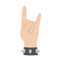 gesto de mano de metal pesado. símbolo de brazo de rock y punk con brazalete con púas. ilustración vectorial plana del signo basculante con pulsera con espinas vector