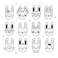 Vector set of cute doodle rabbits. Bunny silhouette as a symbol of chinese new year 2023. Outline collection of rabbit icons in glasses, with hat, bow, flower