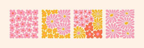 maravilloso conjunto de arte de flores abstractas. formas orgánicas de garabatos en el moderno e ingenuo estilo retro hippie de los años 60 y 70. vector