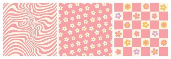 Groovy daisy, flower, waves, chessboard. Hippie 60s 70s seamless patterns. vector