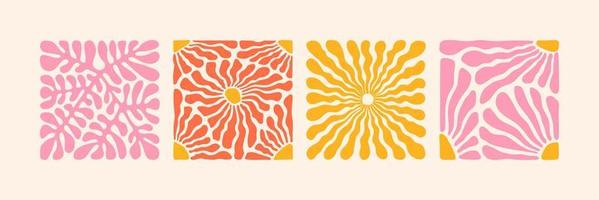 maravilloso conjunto de arte de flores abstractas. formas orgánicas de garabatos en el moderno e ingenuo estilo retro hippie de los años 60 y 70. vector