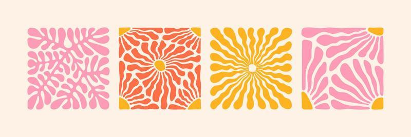 Groovy abstract flower art set. Organic doodle shapes in trendy naive retro hippie 60s 70s style.