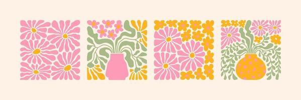 Groovy abstract flower art set. Organic doodle shapes in trendy naive retro hippie 60s 70s style. vector