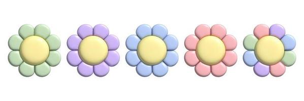 Conjunto de flores pastel 3d con efecto plastilina. lindas pegatinas de margarita y2k en un moderno estilo de plástico. vector