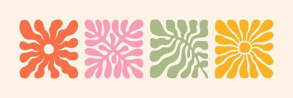 Groovy abstract flower art set. Organic doodle shapes in trendy naive retro hippie 60s 70s style. vector