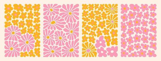 Groovy abstract flower art set. Organic doodle shapes in trendy naive retro hippie 60s 70s style. vector