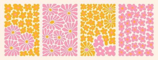 Groovy abstract flower art set. Organic doodle shapes in trendy naive retro hippie 60s 70s style. vector