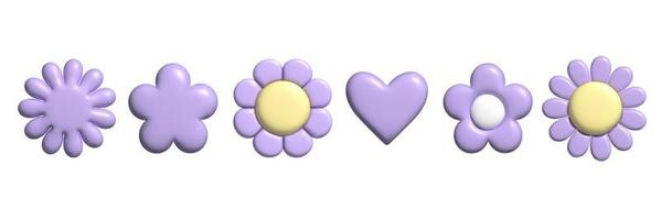 3D pastel flower set with plasticine effect. Y2k cute daisy stickers in trendy plastic style. vector