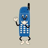Old phone with antenna. Cute cartoon character with hands, legs, eyes. Retro comic style. Hand drawn isolated Vector illustration. Print, logo template