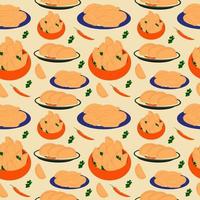 Seamless pattern with Latin American food empanadas lie in a deep plate. Vector in cartoon style