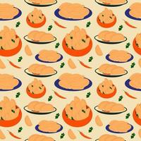 Seamless pattern with Latin American food empanadas lie in a deep plate. Vector in cartoon style