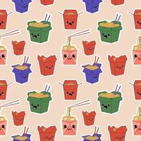 Seamless pattern with set Set of Asian wok boxes with ramen noodles cartoon characters.Happy fast food positive emoji, funny kawaii meal in carton package vector