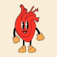 linda mascota de corazón rojo con cara feliz en estilo cómico retro. feliz día de san valentín conjunto ilustración vectorial. vector