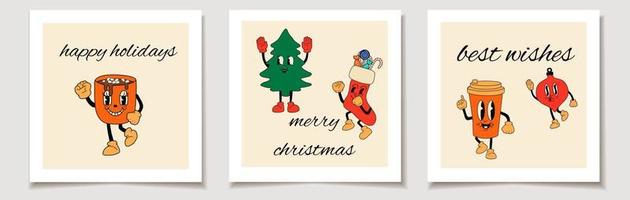 Christmas vector gift card or tag Christmas Set of retro collection cartoon mascot characters. Snowman, Christmas tree, socks, cup ,ball holiday elements. merry christmas lettering, best wishes.