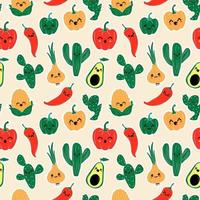 patrón sin costuras con un gran conjunto de divertidos personajes de dibujos animados de verduras sonriendo. mascotas de comida alegres en diseño plano. vector