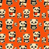 patrón sin costuras con un conjunto de lindos pandas comiendo garabatos de dim sum. albóndigas chinas tradicionales. ilustración del vector de comida asiática kawaii.